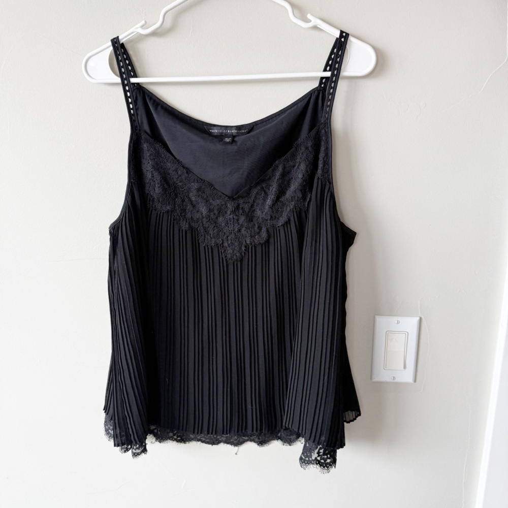 WHBM Sz XLP Black Tank Blouse Pleated Lace Eyelet Spaghetti Strap V Neck